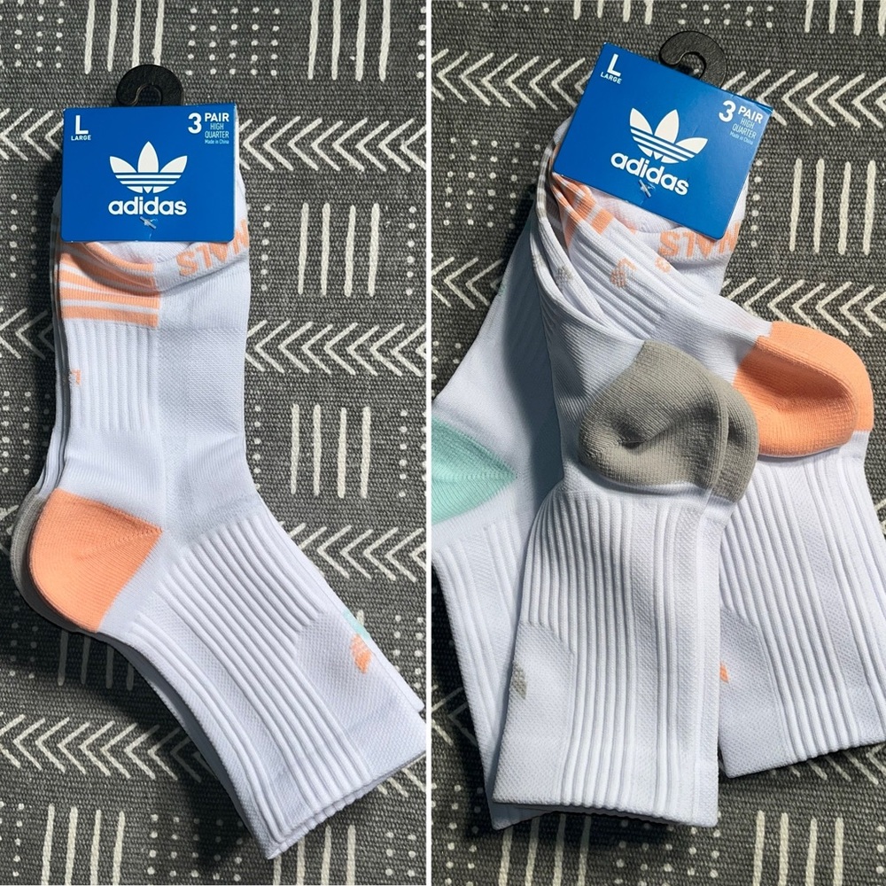 $22 ADIDAS High Quarter Moisture Wicking Everyday Socks 3 Pair Large L  New NWT